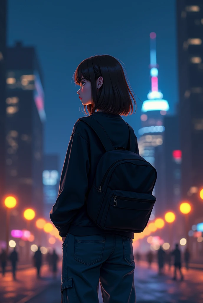Girl with her back turned and shoulder-length brown straight hair,wide cargo jeans and a black sweatshirt,with a basic black backpack ,and in the background a city at night 
