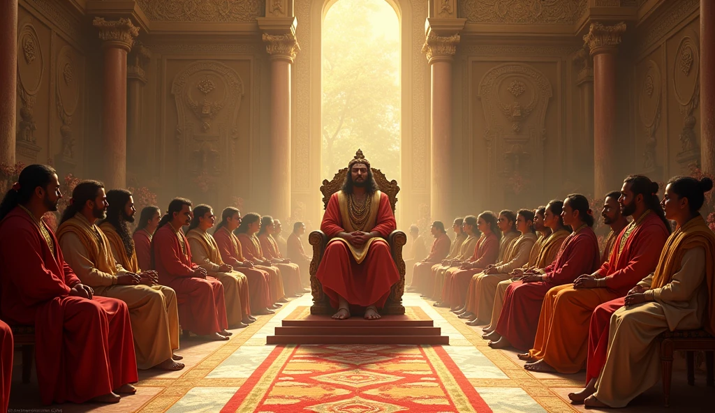 "A grand palace hall with intricate golden designs and beautiful carvings. Lord Ram, wearing royal attire, sits on a grand throne with a serene and just expression. Ministers, sages, and people of the kingdom stand around, listening attentively. Lord Ram raises his hand, addressing the assembly with wisdom, pledging to follow justice and righteousness. The atmosphere is regal and filled with respect for the new king."