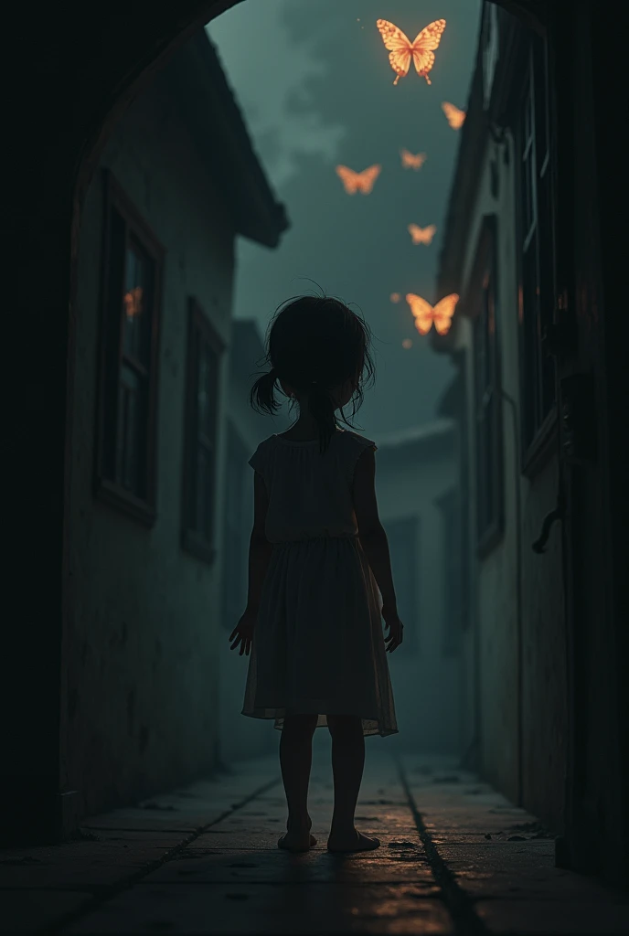 Hopeless 13 year old  orphanage girl in the dark and a glowing fiery butterfly in the distance
