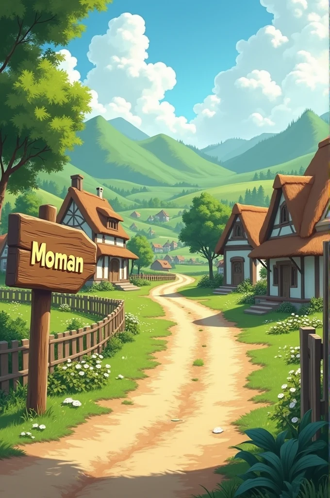 A road passing through a village and a board on the side of the road with the words MOMANWAS written on it.