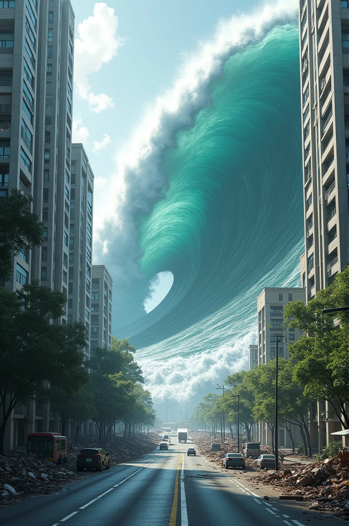 make a hyper realistic illustration of the megatrust earthquake disaster which resulted in a tsunami as high as 10 meters. The camera is visible from the main highway of metropolitan buildings in one of the big cities in Indonesia