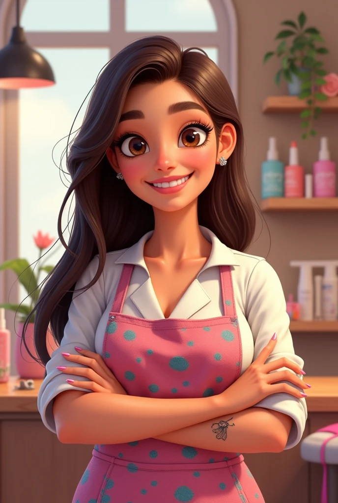 Brisa Manicurist pixar, with apron long straight brown hair brown eyes, small eye, brunette tattoo on forearm chubby