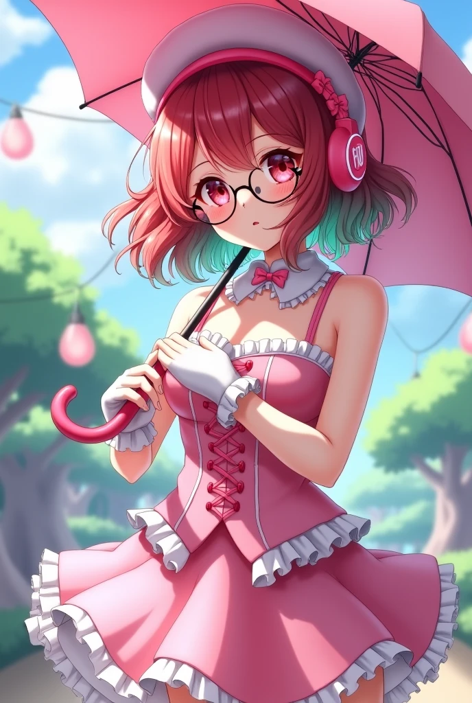 A red-haired anime girl with a pink corset and white hand warmers with pink, a pink beret in her hair and pink glasses and pink headphones with a pink umbrella and curly green hair.