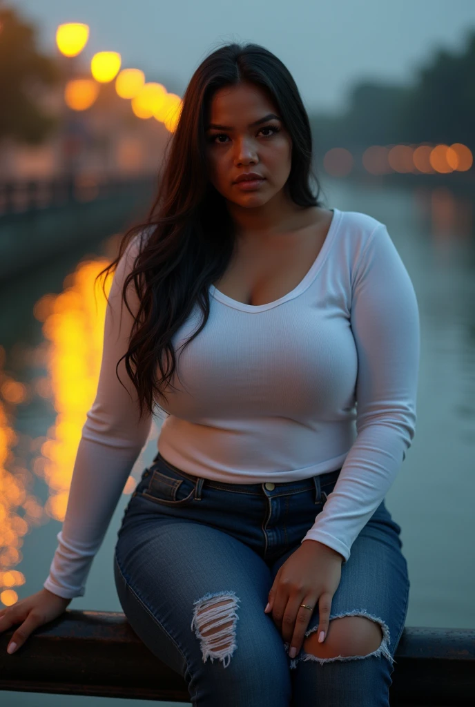 (photo realistic:1.4), (hyper realistic:1.4), (realistic:1.3), (smoother lighting:1.05), (increase cinematic lighting quality:0.9), 32K, 1girl, 30yearsold plump indonesian woman, huge breasted, wear hijab, tight white longsleeve t-shirt, torn jeans, sitting on the riverside fence, realistic lighting, backlighting, light on face, ray trace, (brightening light:1.2), (Increase quality:1.4), (best quality real texture skin:1.4), finely detailed eyes, finely detailed face, finely quality eyes, (sensual and seductive expression:0.0).