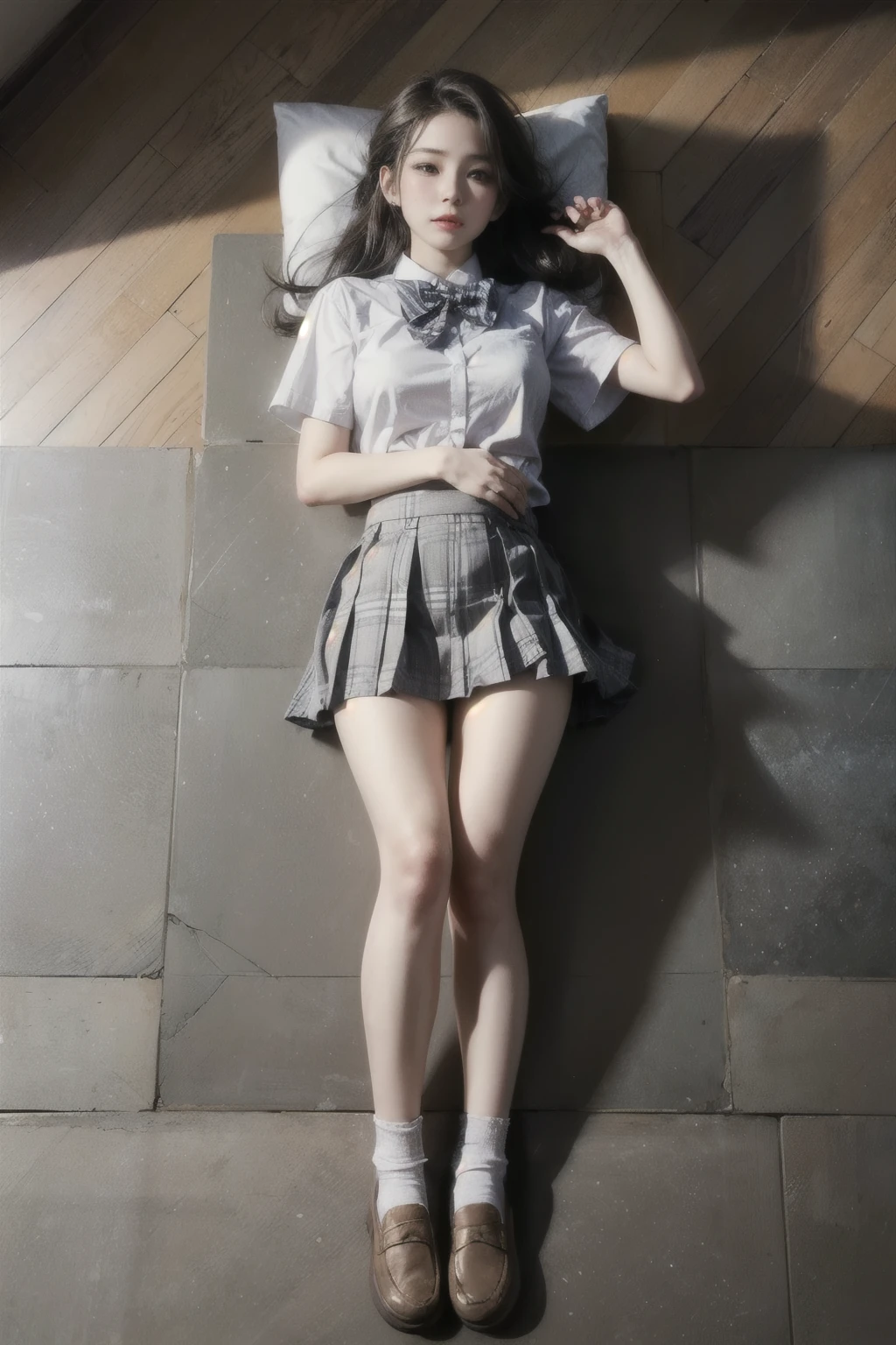 (realistic, photo-realistic:1.4),(best quality,masterpiece),RAW photo, high resolution, intricate details, finely detailed, incredibly detailed, extremely detailed, cinematic lighting, (full body, view from above, frontal photography:1.5), solo,1girl, a yo Japanese idol, (lying on a floor:1.8), (very tall girl, smaller face, thin, slim, slender, thin legs), (white shirt, short sleeves, bowtie, plaid miniskirt, pleated skirt, bare legs, thighs, socks, loafers, school uniform:1.2), detailed face, beautiful detailed eyes, pale skin,
photo background, indoors,