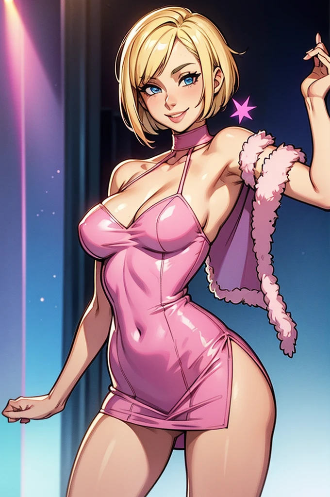 Blonde girl with short hair, blue eyes, smiling in party pose, wearing a short and tight pink mini dress, Neckline dress , and showing her thighs, wearing A pink fur stole draped over the shoulders 