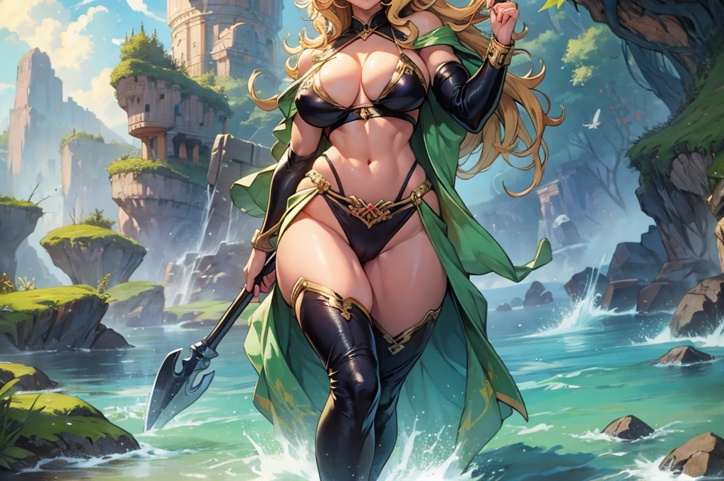 Full body portrait, (cave), (Perfect Anatomy), \(Amazoness, barbarian woman, Golden wavy hair, blue eyes, Perfect Eyes, 彼女の体型は非常にMuscularで豊満だ, Huge big breasts, Heavy chest, Abdominal musclesが割れている, Micro bikini with small cloth area:1.2, 大きなAbdominal muscles, Detailed skin texture, Super-detailed body: 1.1, Highly detailed skin: 1.2, Muscular, Muscular biceps, Abdominal muscles: 1.2, axe:1.3, Fighting goblins\), Artwork, 8k, CG , Cinematic, High resolution, masterpiece, Highest quality