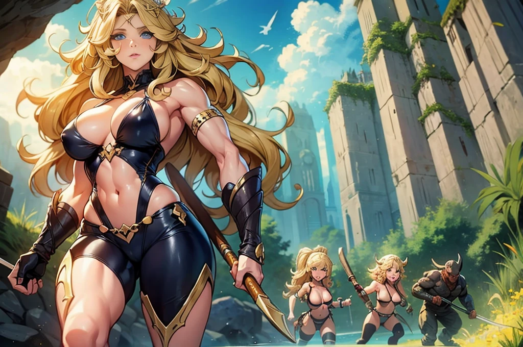 Full body portrait, (cave), (Perfect Anatomy), \(Amazoness, barbarian woman, Golden wavy hair, blue eyes, Perfect Eyes, 彼女の体型は非常にMuscularで豊満だ, Huge big breasts, Heavy chest, Abdominal musclesが割れている, Micro bikini with small cloth area:1.2, 大きなAbdominal muscles, Detailed skin texture, Super-detailed body: 1.1, Highly detailed skin: 1.2, Muscular, Muscular biceps, Abdominal muscles: 1.2, axe:1.3, Fighting goblins\), Artwork, 8k, CG , Cinematic, High resolution, masterpiece, Highest quality