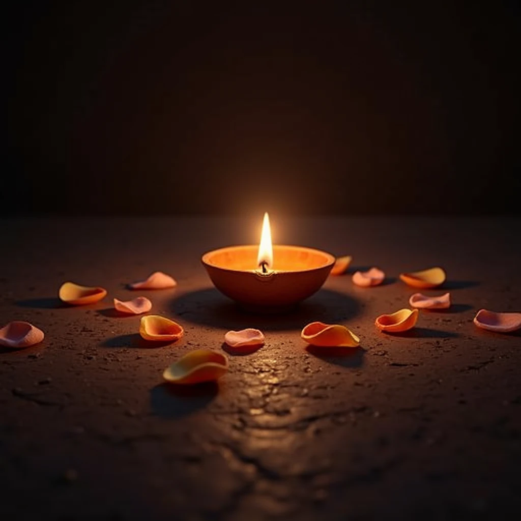 Single Diya lamp in focus, with its flame casting a soft, warm light, surrounded by scattered flower petals on a dark, textured surface