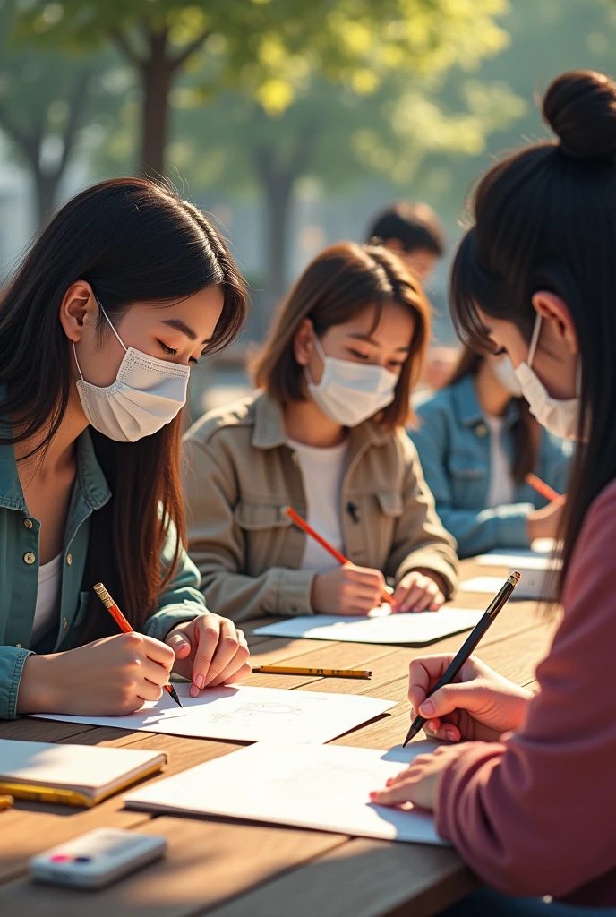 People drawing wearing facemask social distancing 
