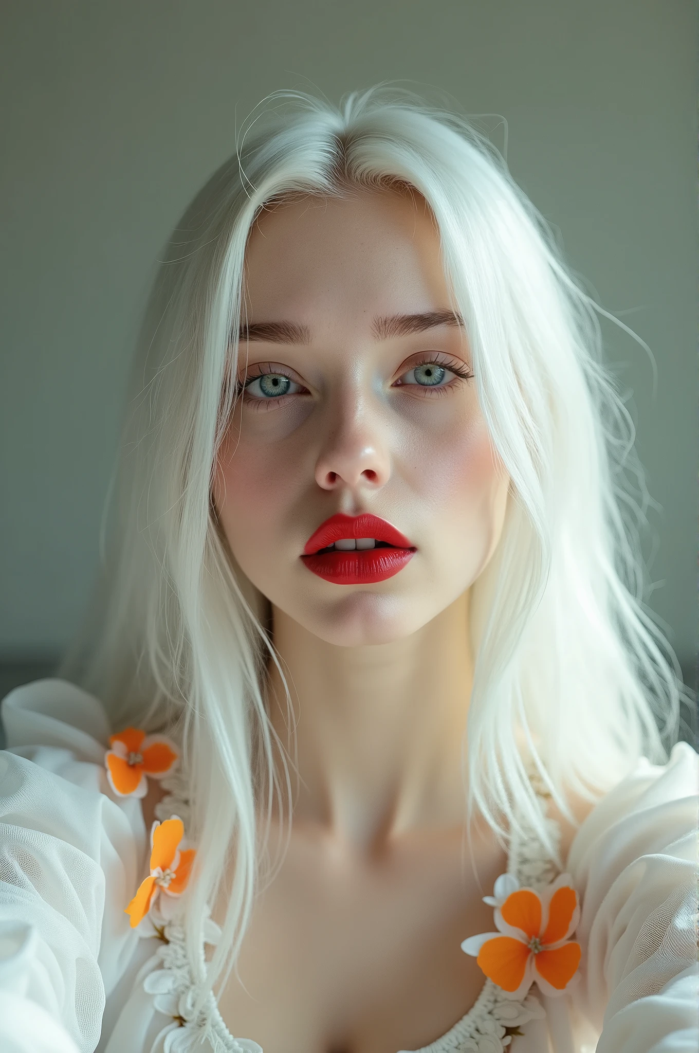 generate a photo of a woman with an aesthetic appearance, pale skin, long platinum white hair,  wearing dark red lipstick with gloss, wearing a white long-sleeved blouse with orange flowers, taking a selfie, serious expression