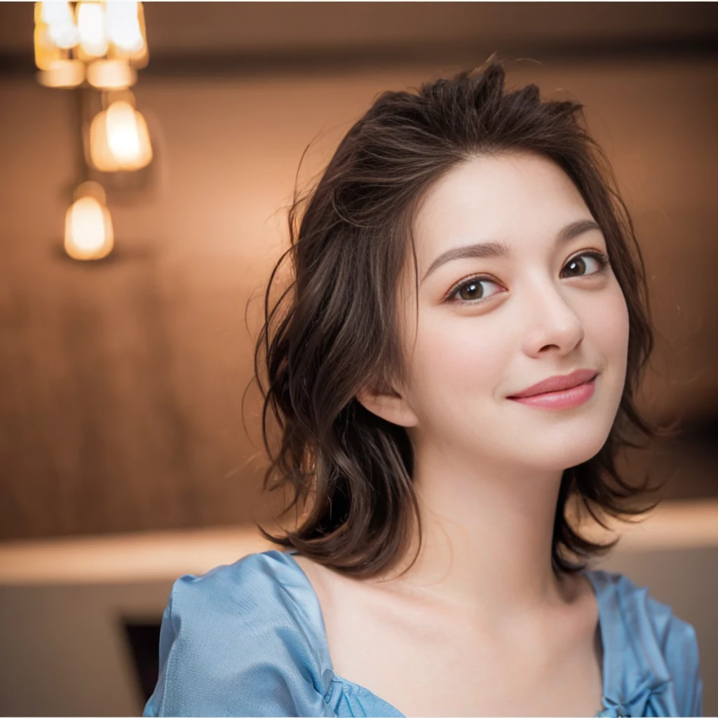 a Close-up portrait of gorgeous smiling cute Japanese woman in a glamorous blue dress outfit, delicate facial features, porcelain-skinned, ponytail, a fusion of young Marion Cotillard's striking eyes and young Anne Hathaway's introspective gaze, long and slender cute face, curved eyebrows, droopy hooded eyes, low nasal bridge, wavy nose, smiling, thin lips, flowing messy long rose gold hair in the wind, silhouette, bokeh, lobby bar lounge background,