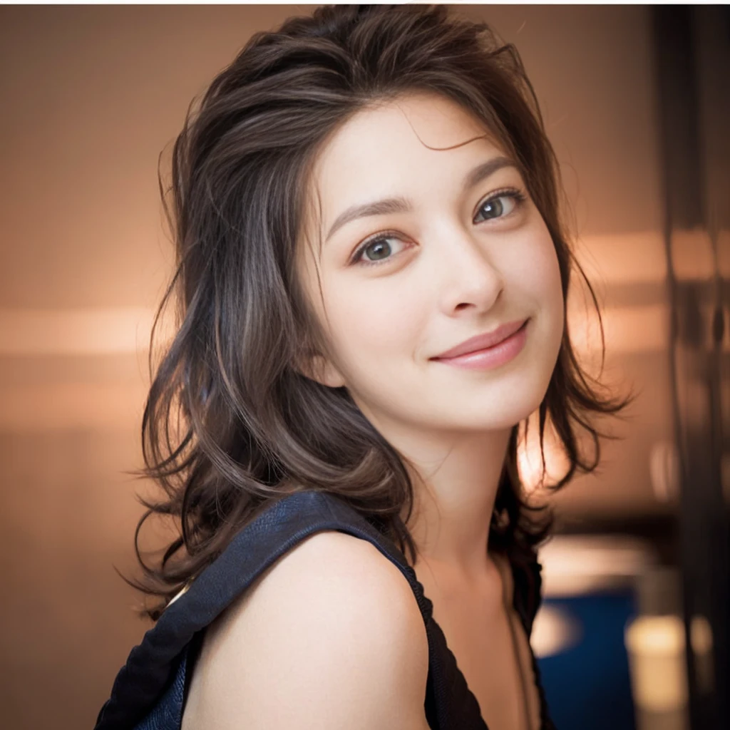 a Close-up portrait of gorgeous smiling cute Japanese woman in a glamorous blue dress outfit, delicate facial features, porcelain-skinned, ponytail, a fusion of young Marion Cotillard's striking eyes and young Anne Hathaway's introspective gaze, long and slender cute face, curved eyebrows, droopy hooded eyes, low nasal bridge, wavy nose, smiling, thin lips, flowing messy long rose gold hair in the wind, silhouette, bokeh, lobby bar lounge background,