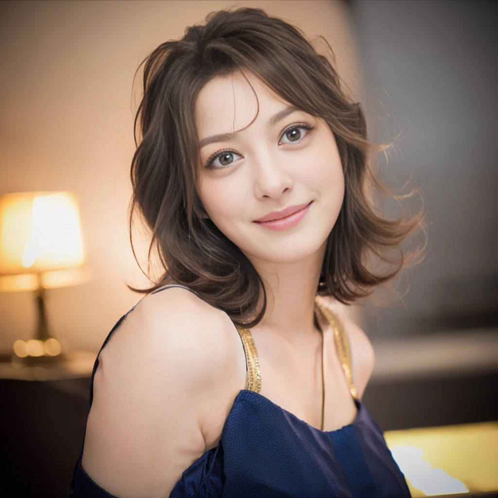 a Close-up portrait of gorgeous smiling cute Japanese woman in a glamorous blue dress outfit, delicate facial features, porcelain-skinned, ponytail, a fusion of young Marion Cotillard's striking eyes and young Anne Hathaway's introspective gaze, long and slender cute face, curved eyebrows, droopy hooded eyes, low nasal bridge, wavy nose, smiling, thin lips, flowing messy long rose gold hair in the wind, silhouette, bokeh, lobby bar lounge background,