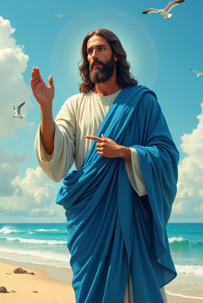 Wonderful Jesus Christ with a serious look and blue clothes pointing his finger forward, with a wonderful beach