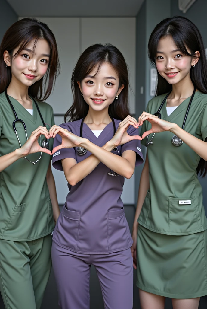 photograph, cowboy shot, three women with hands together making heart shape, smiling beautiful Japanese female nurses wearing nurse uniform, hourglass figure, beautiful detailed face, black hair, pale skin, fair skin, realistic skin, detailed cloth texture, detailed hair texture, Perfect proportion, Anatomically correct, Highly detailed face and skin texture, private modern hospital room, looking at viewer, asian face , perfect anatomy, realistic