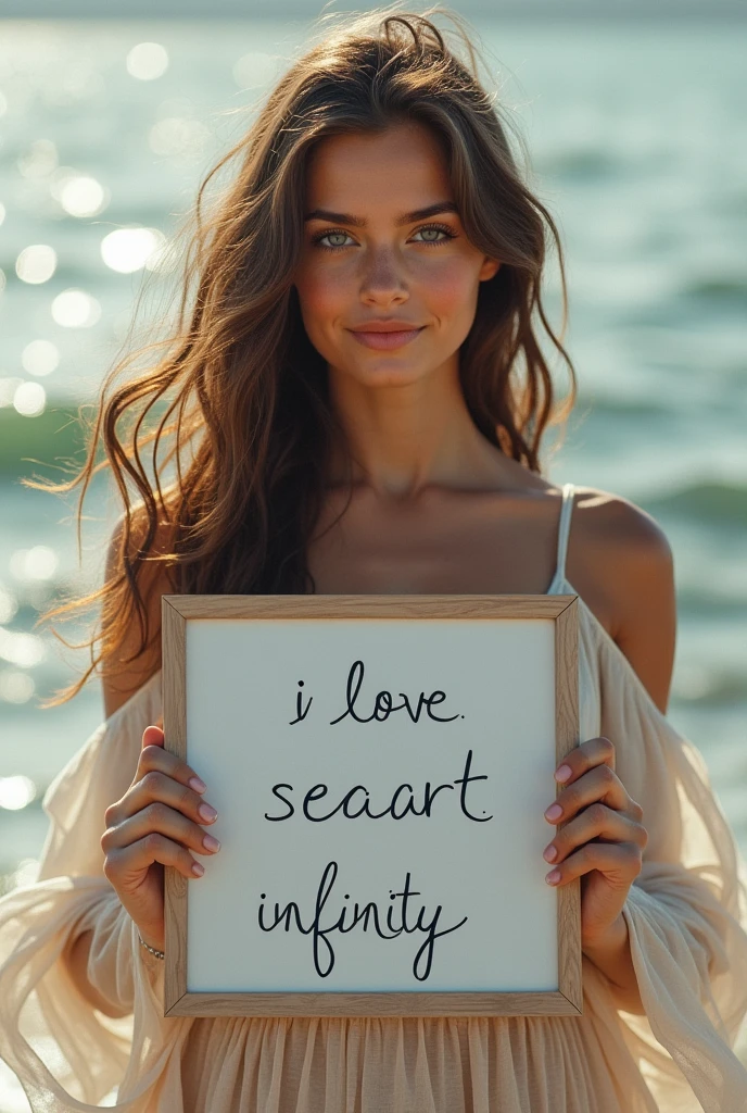 Beautiful girl with wavy long hair, bohemian dress, holding a white board with text "I Love Seaart Infinity" and showing it to the viewer