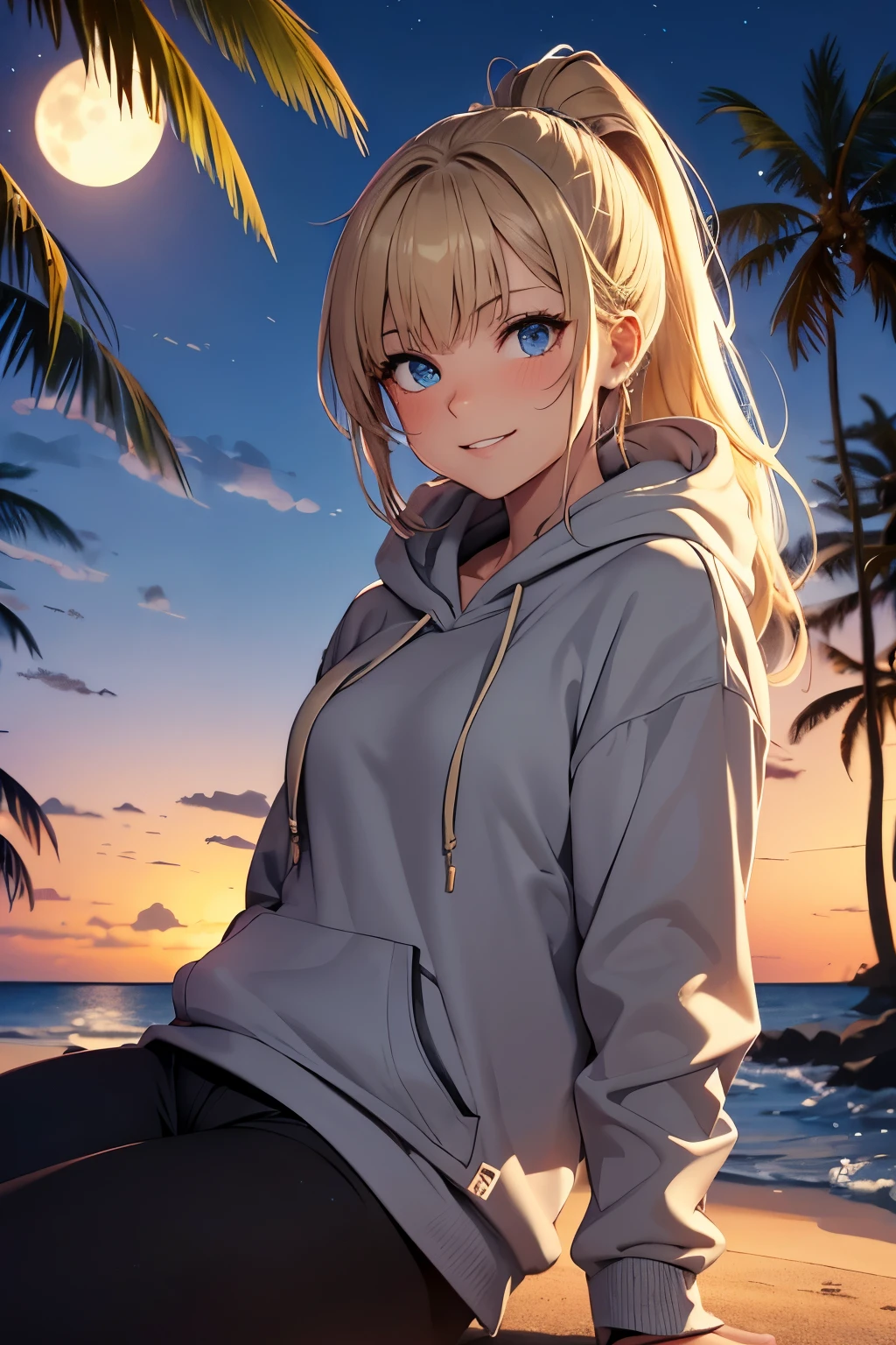 {{{masterpiece}}}, {{detailed}}, {detailed background}, {best quality}, high quality, high-definition, 4k, lights, glares, {detailed eyes}, 1girl, 1, messy blonde hair, ponytail, blue eyes, light gray tight hoodie, tight black sweatpants, blushing, smiling, sitting, Hawaiian beach, palm trees, nightime, moonlight
