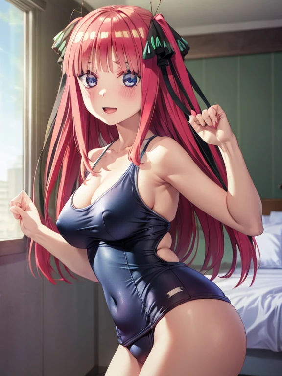 best quality, insanely detailed, nino nakano, breasts, blush, bedroom background, looking at viewer, cheerful eyes,arousal, one-piece swimsuit, nipple, old school swimsuit