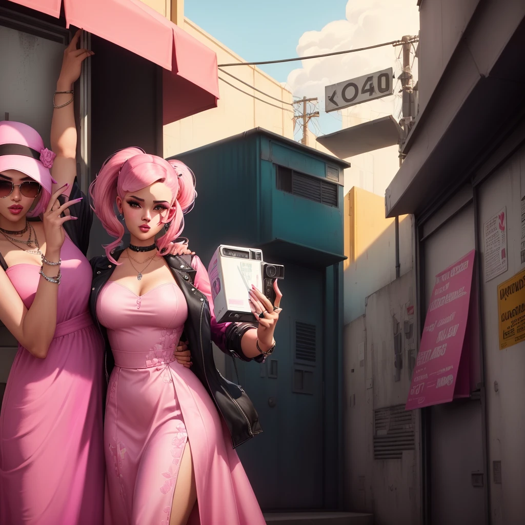 There is a man holding a woman in a pink dress, Estilo urbano GTA V, GTA5 style, estilo grand theft auto, Estilo gta v, ariana grande In GTA V, GTA style, GTA V style, GTA style 6, In GTA V, fashion game screenshot, GTA style vice city, gta character, as gtav character, hyperdetailed!