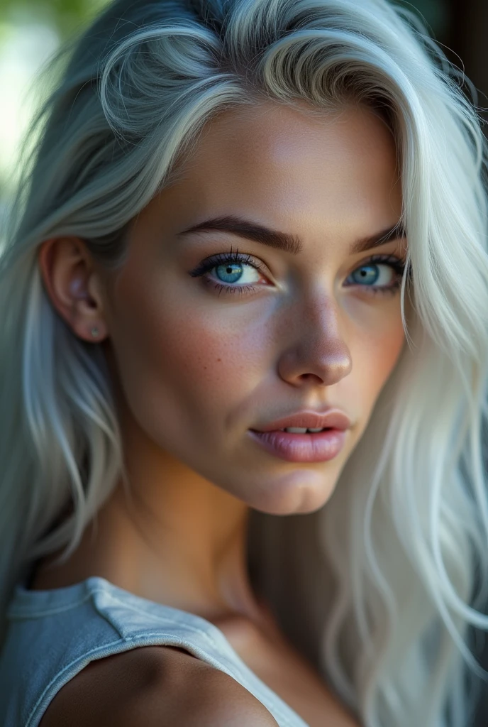 Silver hair, Hair over the shoulder, Long hair, Aqua Blue Eyes, slight smile, Cowboy-shot, 85mm, Canon, uhd, anatomically correct, textured skin, Super Detail, 8k