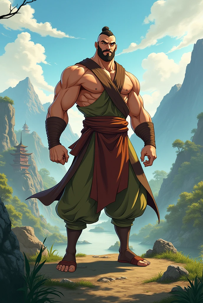 Create 3 looks for a man in the style of Avatar: The Last Airbender