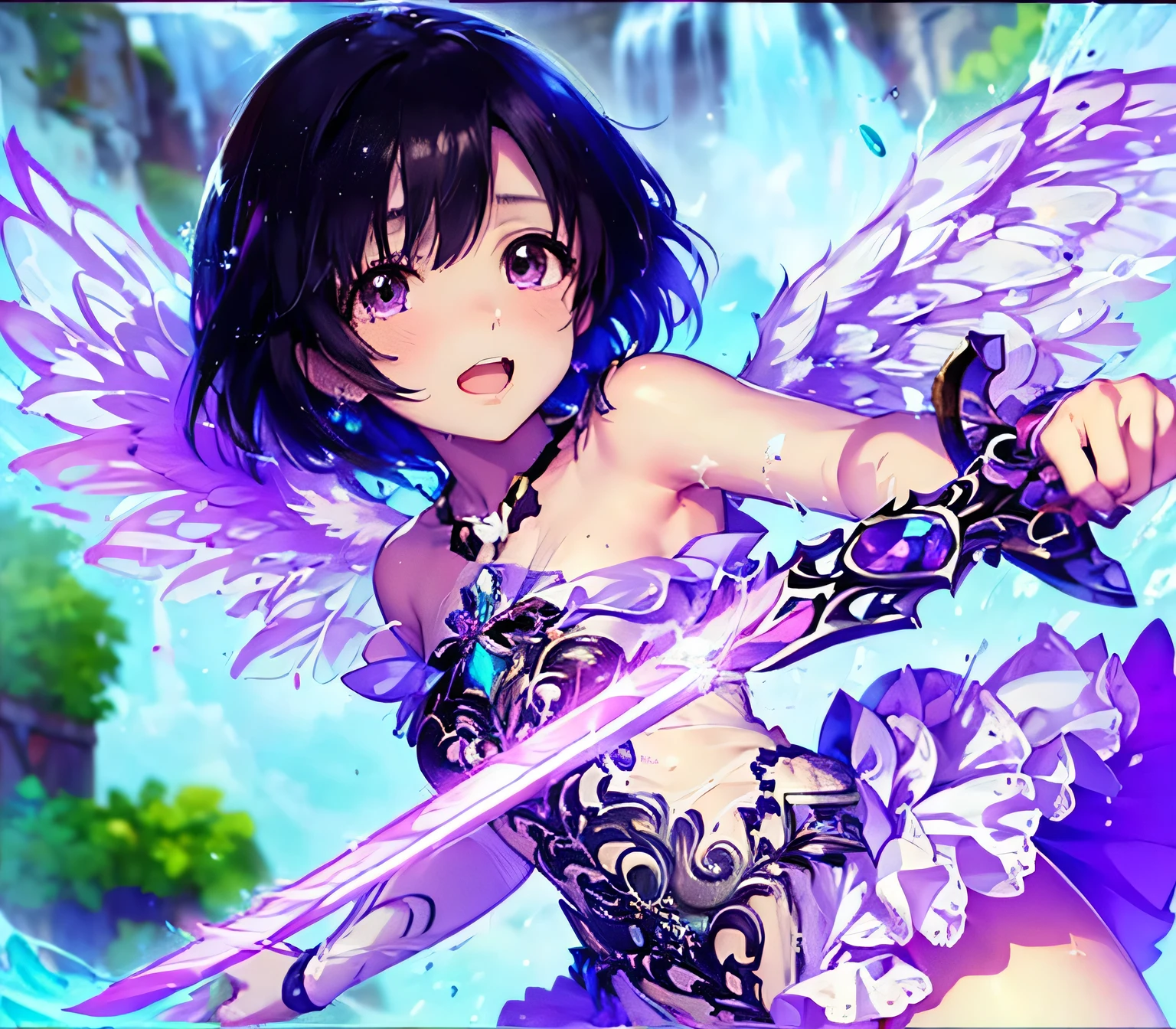 shiragiku hotaru a woman in a seethrough purple dress angel white wing collarbone holding a sword and a sword, concept art inspired by Marie Angel, pixiv contest winner, fantasy art, official artwork, angel knight girl, natalie from epic battle fantasy, ayaka genshin impact, nightcore, anime in fantasy style, detailed key anime art, official art, anime fantasy illustration, splash art anime
