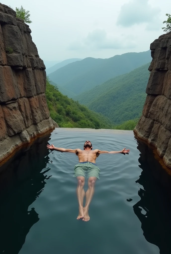 A man floats in a natural pool on a cliff, enjoying the serene view of the valley. The man is in the center of the picture, floating on his back in the water with his arms outstretched. He is looking up at the sky. The water is dark and still, reflecting the cloudy sky above. The cliffs on either side of the pool are brown and rocky. In the distance, there are green hills covered with trees and a hazy sky. The overall atmosphere is tranquil and peaceful, with a sense of awe and wonder at the natural beauty of the scene. The man appears to be enjoying the quiet solitude of the moment. The photo conveys a feeling of serenity and freedom, as the man is completely immersed in the natural beauty of his surroundings.