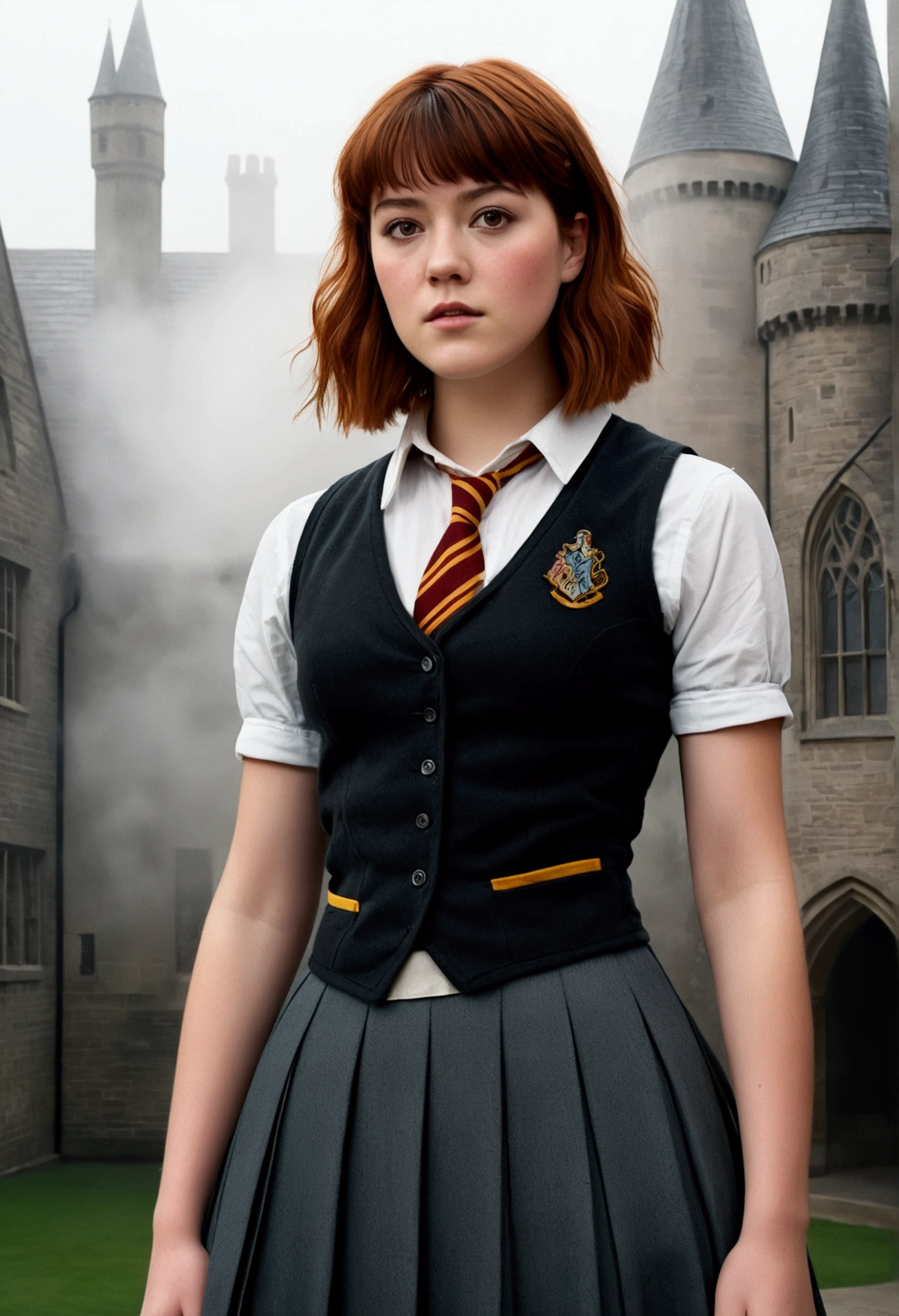 An illustrated movie poster, hand-drawn, full color, a teenage Hogwarts student, 18-years-old, female, wearing a charcoal vest and a pleated skirt, athletic hourglass figure, busty bosoms, full wide hips, massive round butt, long shapely legs, ridiculously thick powerful thighs, vibrant eyes, red auburn hair, thick shaggy bangs, flushed sun-kissed complexion, freckles, resembles Mary Elizabeth Winstead, standing in a foggy Hogwarts courtyard, surrounded by mist, graphite shading, stencil marks, airbrushed acrylic paint, masterpiece, close-up shot, in the style of the Deathly Hallows