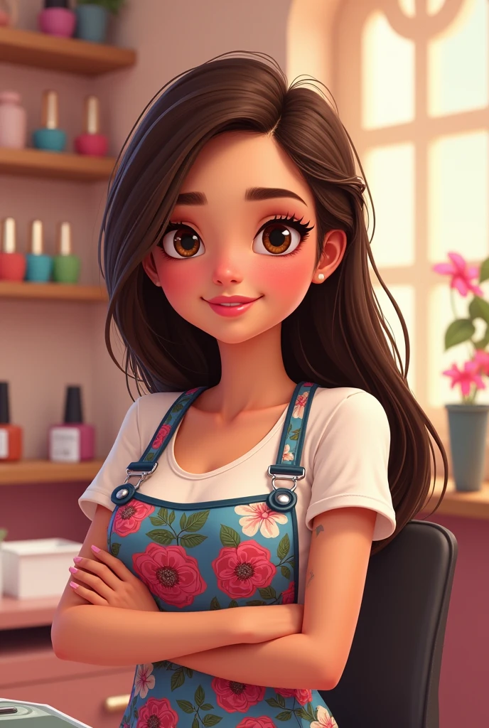 Brisa Manicurist pixar, with apron long straight brown hair brown eyes, small eye, brunette tattoo on forearm chubby