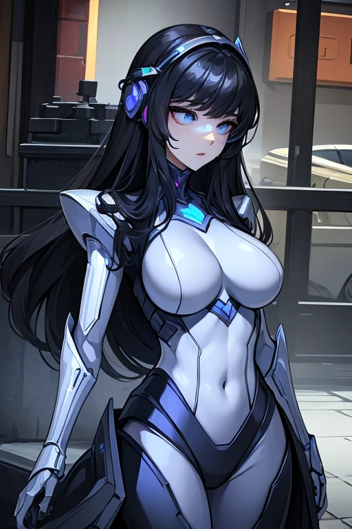 empty eyes,robotization,woman ,big bust,Robot Joint ,Metal skin,Black Suit,long hair,a black suit that covers the whole body