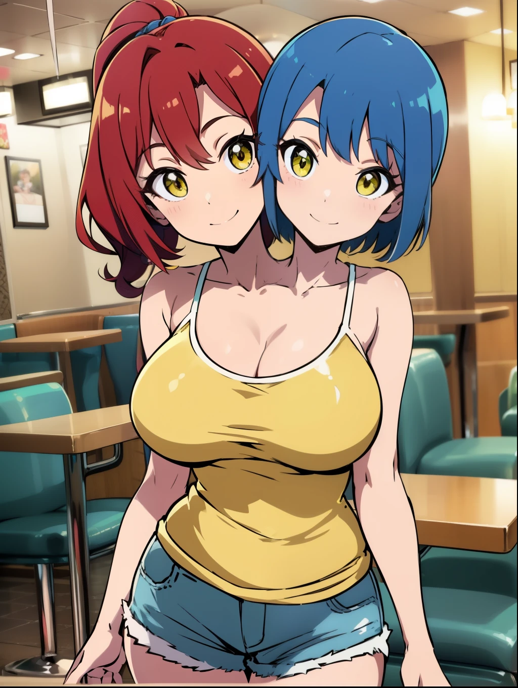 2 heads, (a tall skinny woman with 2 heads.) In a diner. Wearing a yellow tank top. Wearing shorts. Gorgeous face. Cute. Happy. Smiling. Mature. Flirty. Short ponytails, ((straight red hair)). ((Straight blue hair)). Seductive. Lustful.. 2 heads. Conjoined. Horny, tall, yellow eyes, (long ponytail), (long hair)