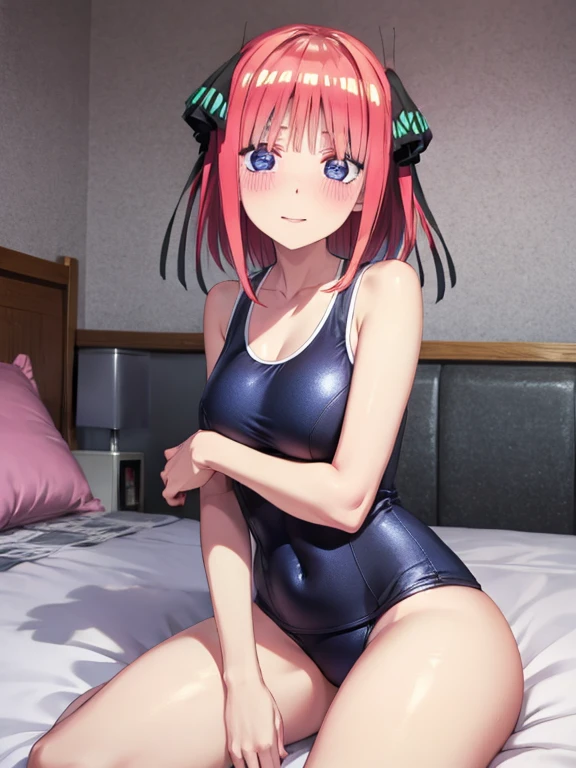 best quality, insanely detailed, nino nakano, breasts, blush, bedroom background, looking at viewer, cheerful eyes,arousal, one-piece swimsuit, old school swimsuit