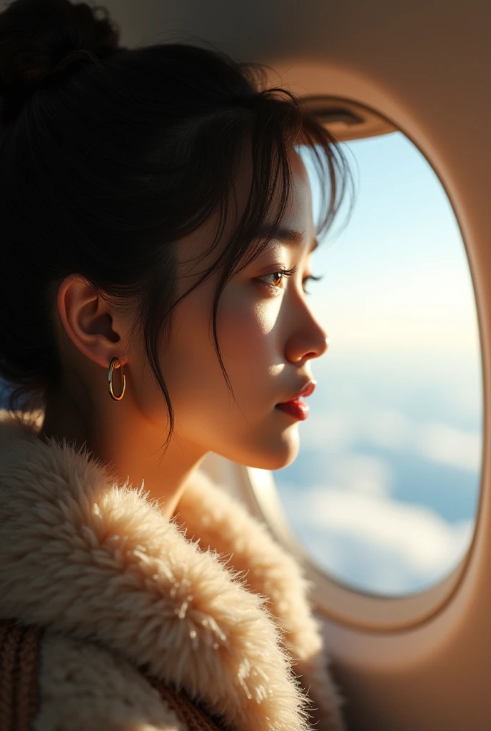 a close up of Tanned japanese beautiful tanned japanese woman, Her hair was in a ((messy loose bun up)) wearing warm winter outfit in soft colors, the woman looking at skyfrom her plane window, in the plane, close-up, ultimate photorealistic