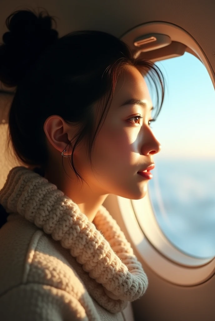 a close up of Tanned japanese beautiful tanned japanese woman, Her hair was in a ((messy loose bun up)) wearing warm winter outfit in soft colors, the woman looking at skyfrom her plane window, in the plane, close-up, ultimate photorealistic