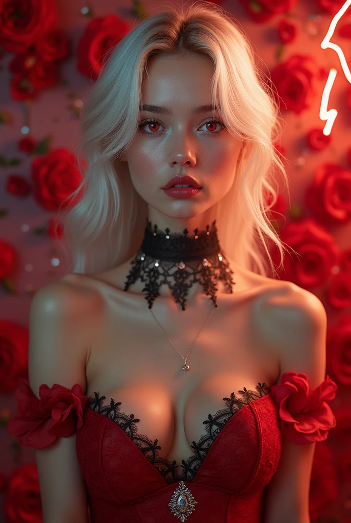 1 beautiful and attractive 20 year old girl, ((wearing an ultra-thin red dress with diamonds: 1.8)), ((long platinum hair: 1.6)), bangs, elaborate jewelry made from noble stones and beautiful hair, ( ( wearing a black lace necklace:1.4))), noble, aristocratic style of an extremely beautiful girl, super cute little face, very pretty face, thin eyebrows, beautiful face, flawless, ((black eye pupils: 0.8))), very pleasing to the eyes, ((light red eyes: 1.5)), beautiful makeup and hair, detailed eyelashes, eye makeup wet, high nose, earrings, red lips, ((closed mouth: 1;5 )) beautiful lips, slim hands, most beautiful thighs, rosy face, clean face, flawless beautiful face, fair skin smooth white skin, ((big breasts: 1.5)), ((high breasts: 1.6)), firm breasts, nice cleavage, (((super round breasts: 1.8))), ((super tight breasts: 1.7 )), beautiful breasts, ((shoulder width: 1.8)), beautiful breasts, thin black mesh stockings with black lace trim, perfect body, 8k photo, super high quality, super realistic, super 10x pixels, research optical, studio light, edge light, two-tone light, (high detail skin: 1.2), ultra 8k, soft light, high quality, volumetric light, optical, resolution high optics, lighting, best photo, 4k, 8k quality, blur effect, smooth sharpness, 10 x pixels, ((red flower background:1.7)), aurora, lightning, super graphics realistic, most realistic drawing map, alone, solo, extreme sharp image, surreal, upper body of girl, (((frontal portrait: 1.6)))."