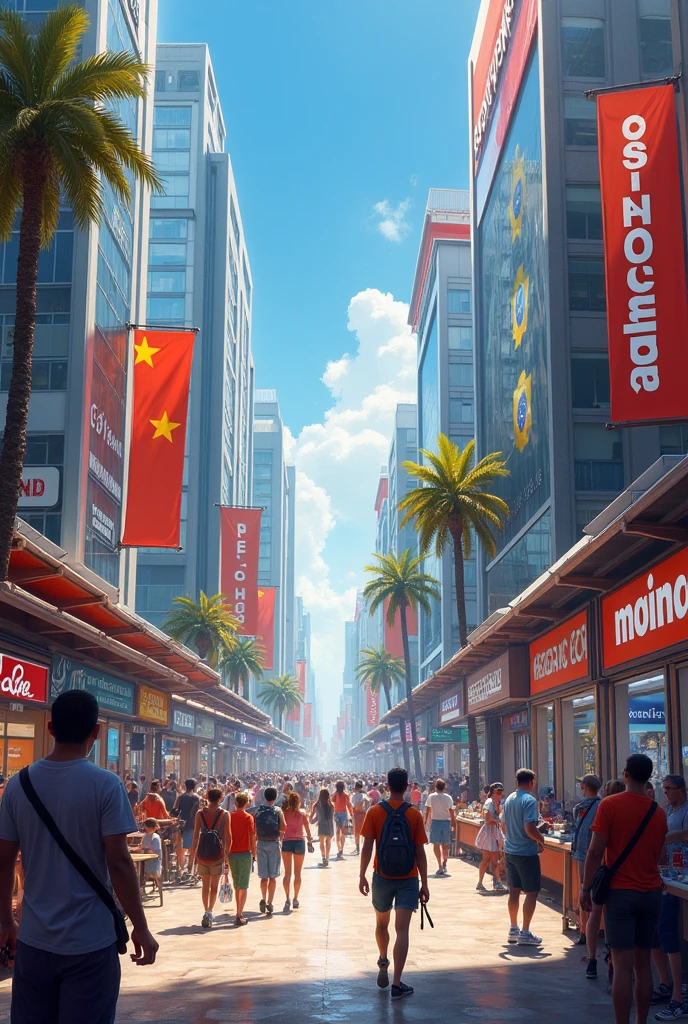 ((realisitic: 1.5)),((best qualityer)), ((Masterpiece artwork)),((detailded)), great shopping stores, electronic products and lots of people buying, vehicles, up giant flags Paraguay, Brazil and Argentina