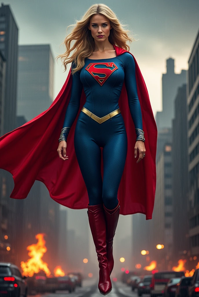 A beautiful woman with long blonde hair wearing a blue leather jumpsuit blue corset over her jumpsuit red cape red boots long boots up to her knees silver bracelets Kara zor-El aka Supergirl in a dark apocalyptic rainy city cars and buildings on fire flying over the city skyscrapers on fire