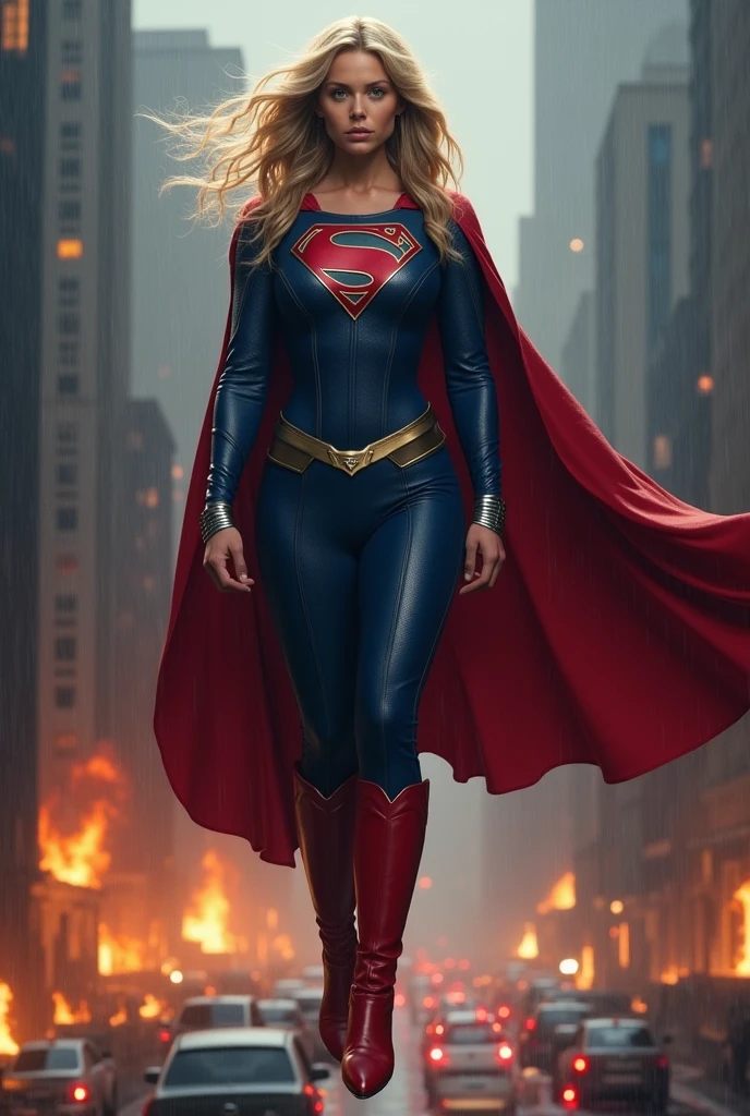 A beautiful woman with long blonde hair wearing a blue leather jumpsuit blue corset over her jumpsuit red cape red boots long boots up to her knees silver bracelets Kara zor-El aka Supergirl in a dark apocalyptic rainy city cars and buildings on fire flying over the city skyscrapers on fire