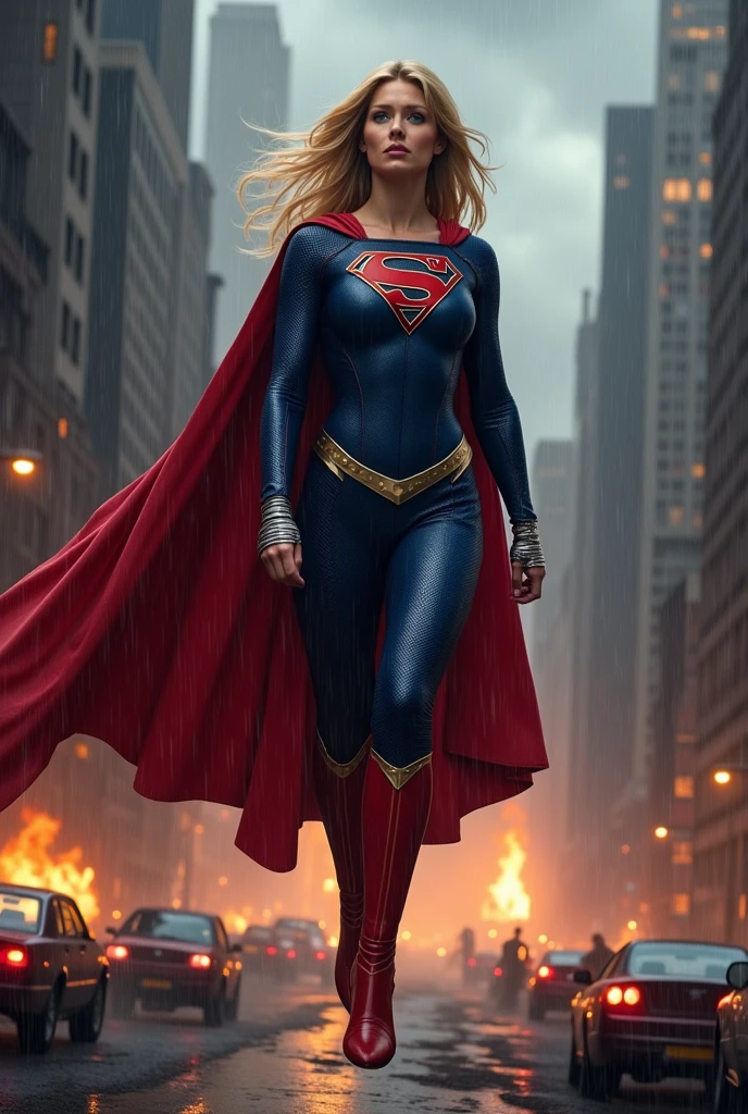 A beautiful woman with long blonde hair wearing a blue leather jumpsuit blue corset over her jumpsuit red cape red boots long boots up to her knees silver bracelets Kara zor-El aka Supergirl in a dark apocalyptic rainy city cars and buildings on fire flying over the city skyscrapers on fire