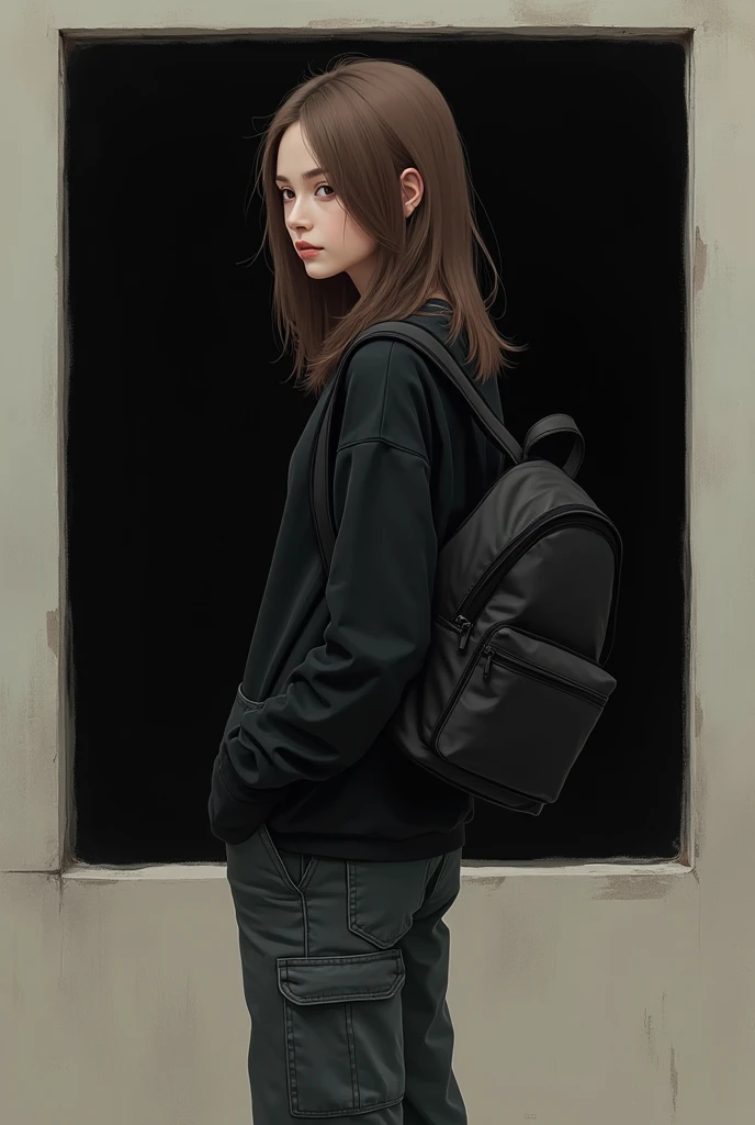 girl with straight brown hair with her shoulders turned away,wide cargo jeans and a black sweatshirt,with a basic black backpack ,and in the background a dark square