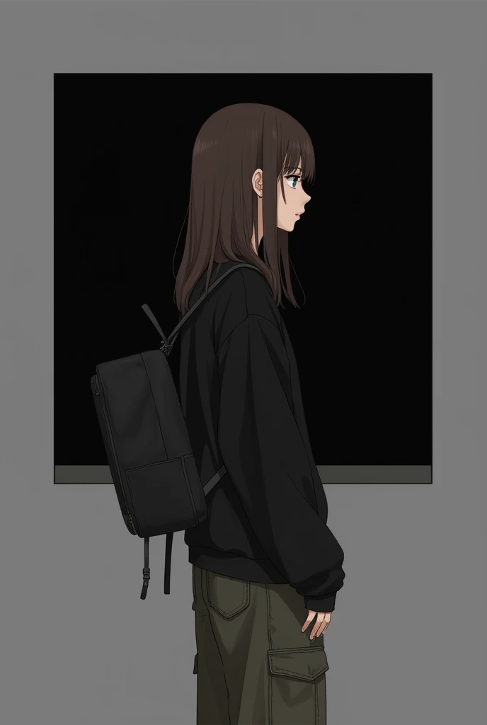 girl with straight brown hair with her shoulders turned away,wide cargo jeans and a black sweatshirt,with a basic black backpack ,and in the background a dark square