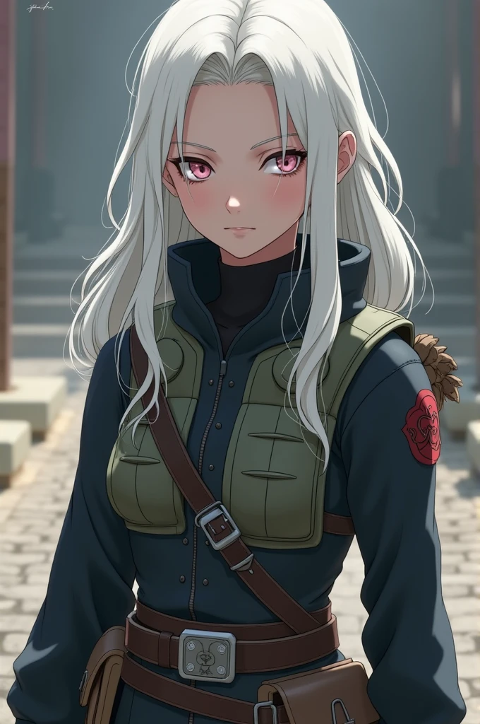 Screenshot of Naruto, teenage female, long white hair, light pink eyes, will wear ninja clothes, will have a serious expression on her face
