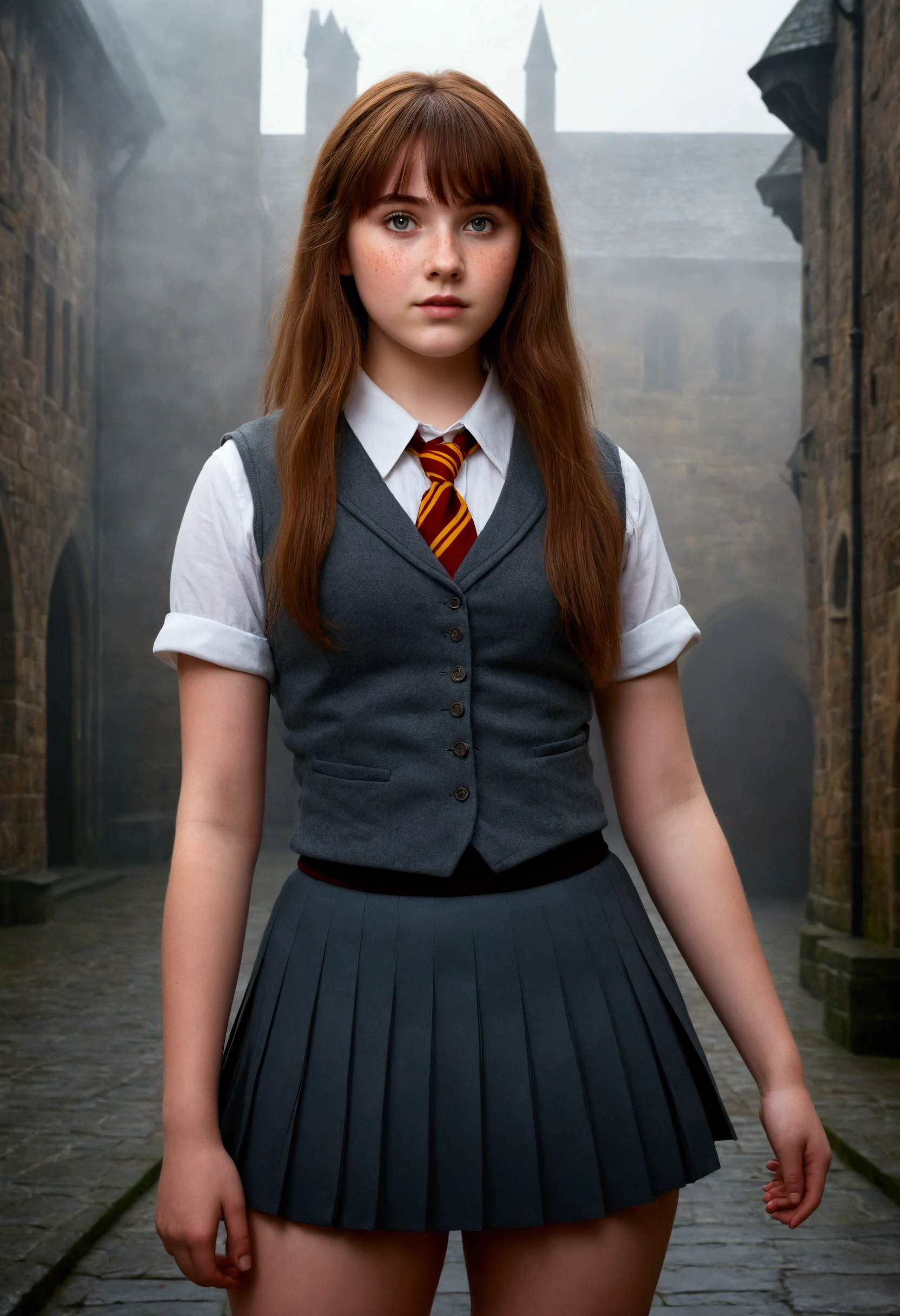 An illustrated movie poster, hand-drawn, full color, a teenage Hogwarts student, 18-years-old, female, wearing a charcoal vest and a pleated skirt, athletic hourglass figure, busty bosoms, full wide hips, massive round butt, long shapely legs, ridiculously thick powerful thighs, vibrant eyes, deep dark auburn hair, thick shaggy bangs, flushed sun-kissed complexion, freckles, pretty face, natural beauty, standing in a foggy Hogwarts courtyard, surrounded by mist, graphite shading, stencil marks, airbrushed acrylic paint, masterpiece, close-up shot, in the style of the Deathly Hallows