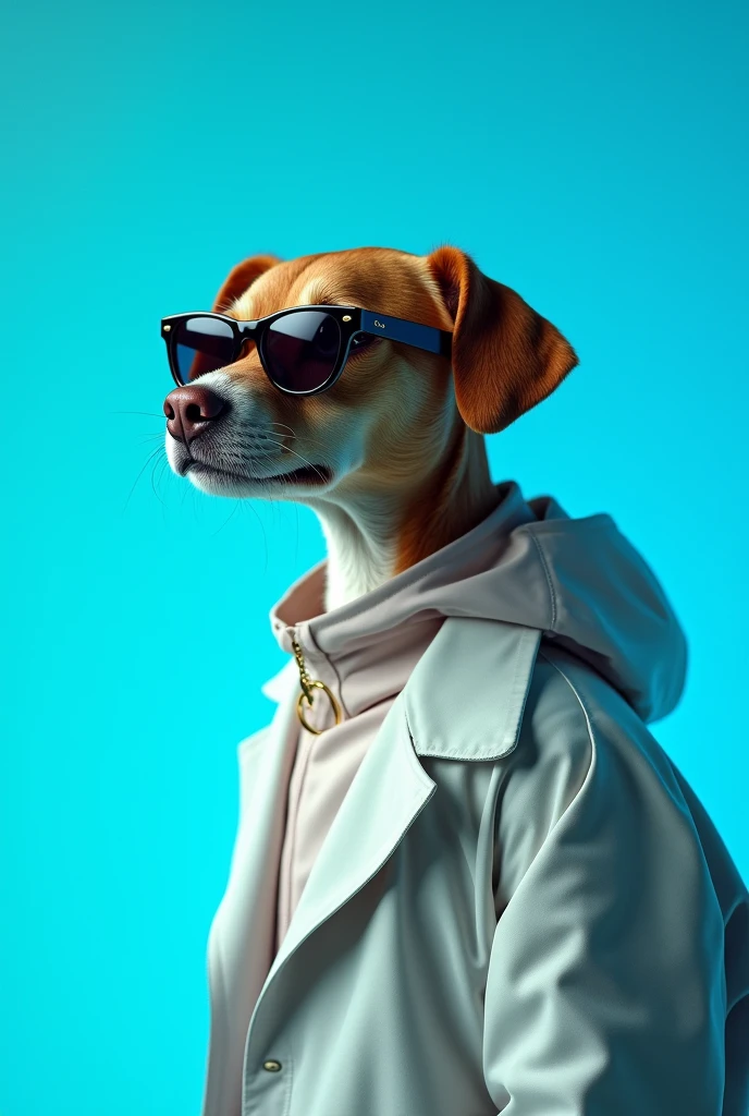 The best cell phone wallpaper, Award-Winning Wallpaper, portrait photography, In the front view is a portrait of a cute dog wearing mid-1960s space age fashion, Side view photo, Shot with Canon EOS R5, Set a strong contrast that accentuates the subject, Fluorescent blue tone, Wearing a very modern coat and sunglasses is a modern 1960s style, Clothes all in one color, beautiful background