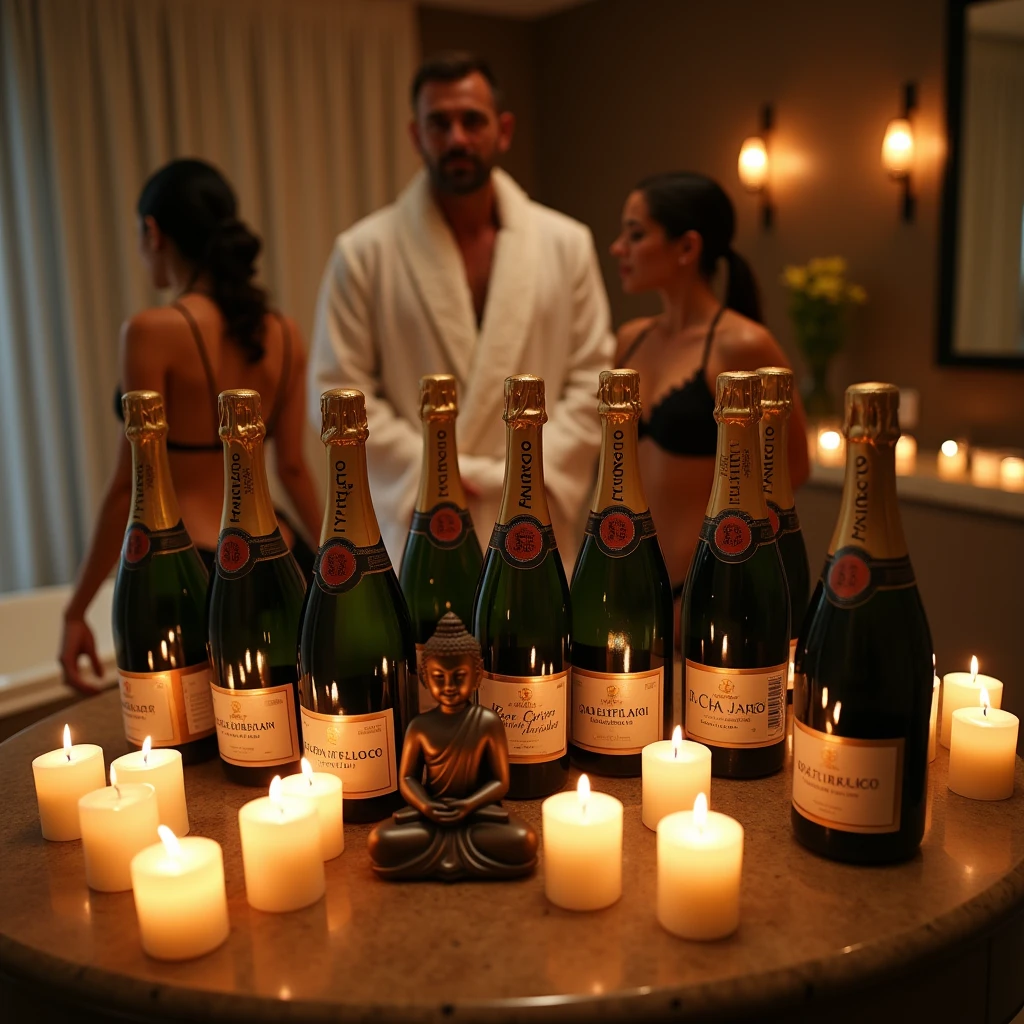 Luxury Spa, with many bottles of champagne, with many candles, small buddha figure, incense, In the background 2 women in black lingerie and a man in a white robe blurred, open socket, wide shot