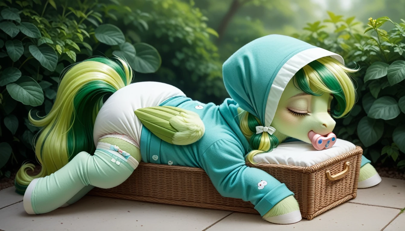 pony, Pegasus, emerald green fur, a lush mane, gathered into an adult size bonnet, bushy tail, adult mare, closed eyes, sleeps in an adult-sized crib, wearing an adult-sized onesie and booties, pacifier in mouth, solo, thick diaper under clothes.