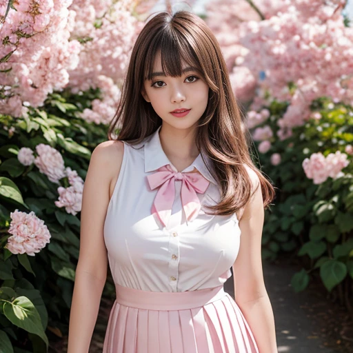 Pink short pleated skirt, in the flower field,Wearing a white sailor suit,white shirt,pink bow tie,Pink navy collar,1 female, On the face, laughing out loud, light brown hair, blunt bangs, hair behind ears, Shoulder-length hair, long hair, Slender body type, 超face slimming型, face slimming, delicate lips, beautiful eyes, Thin blush, Eyes are light brown,View here, (actual:1.3), One person's perspective, 8k, Super detailed, high quality, best quality, High resolution, ,Large Breasts,wear a H cup, 2