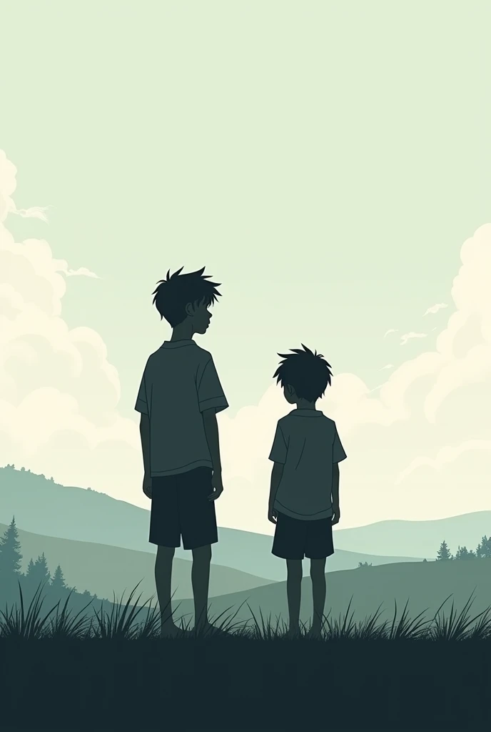 Silhouettes of two boys. One of them looking at the horizon. The other one with his back to him, Looking at the sky.