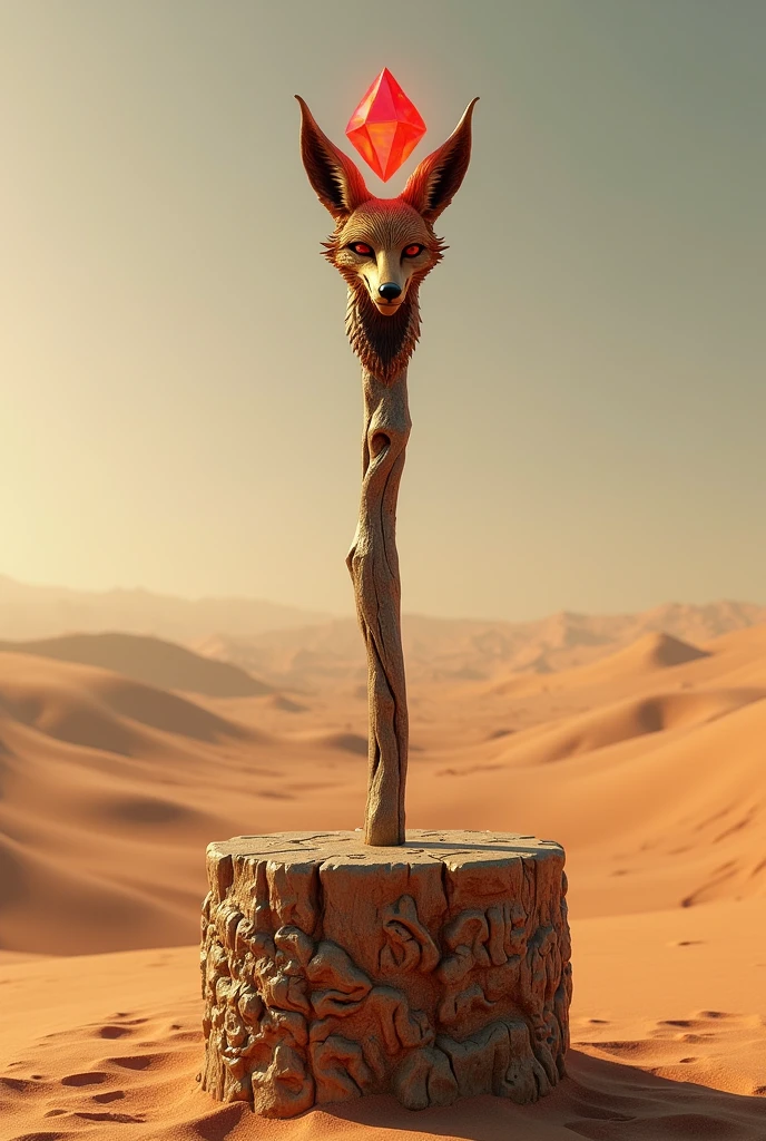 On an altar in the middle of the desert a wooden staff carved with runes, At its tip a fox head and in its mouth floating a red gem, and his cheekbone is made of gold